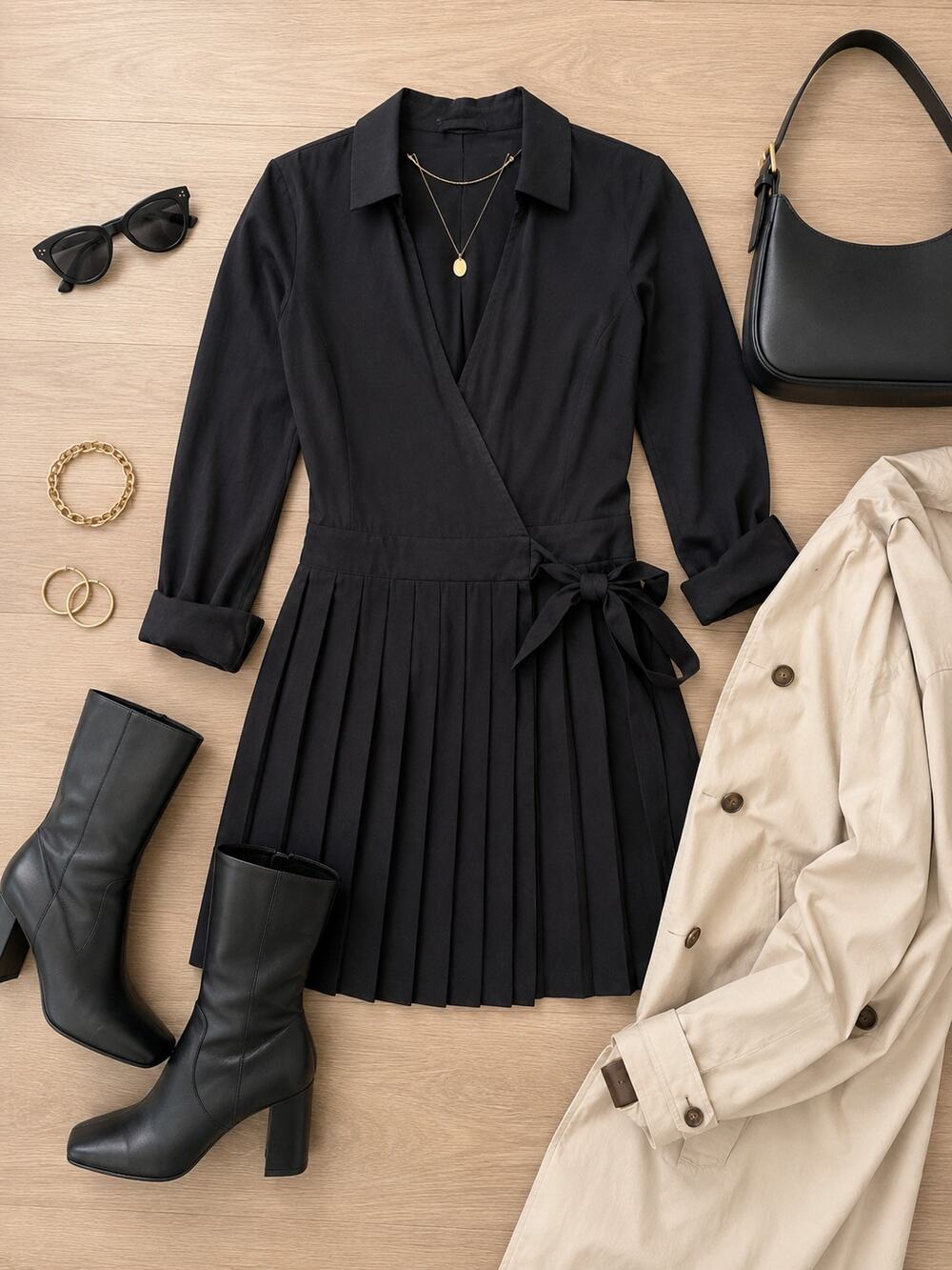 NWT And Now This Black Wrap Shirt Dress Pleated Skirt Women's Small